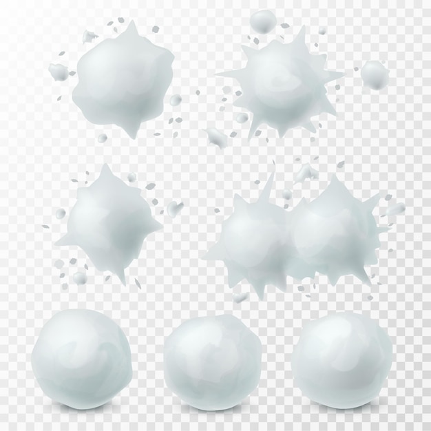 Snowball splatter. snow splashes and round shape white snowballs winter kids fight game frozen elements decoration set for christmas holidays realistic 3d vector set isolated on transparent background