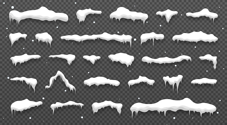 Vector snowballs and snowdrifts set snow caps snowy ice and frozen icicles vector cartoon icons
