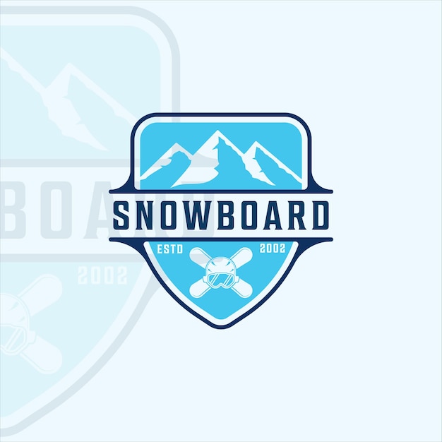 ベクトル スノーボードと山のロゴのベクトルイラストテンプレートアイコングラフィックデザイン。ウィンタースポーツのシンボルまたはバッジ付きのサインの風景