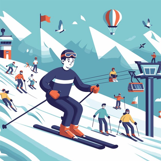Vector snowboard down the icy hill cartoon illustration