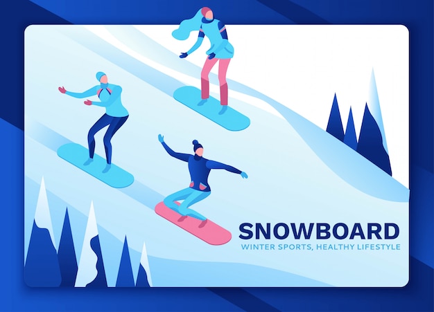 Snowboard isometric people set on landing page