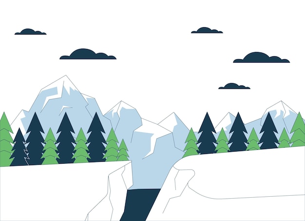 Snowboard jump area mountainside line cartoon flat illustration