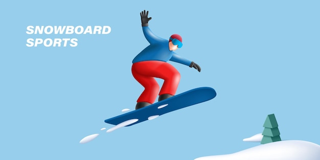 Вектор Сноубордист, прыгающий сноубордист, 3d рендеринг персонажей, иллюстрация, композиция плаката