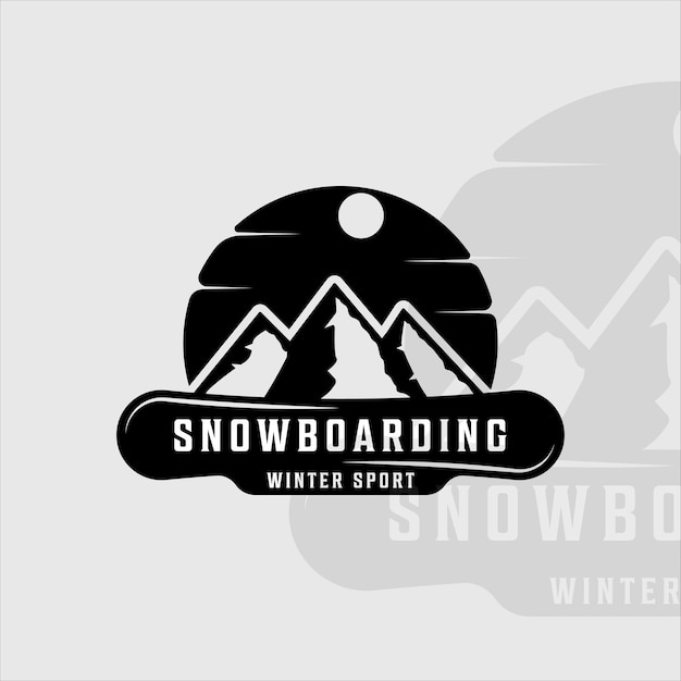 Vettore snowboard e montagna logo vintage vettoriale illustrazione modello icona graphic design. segno o simbolo paesaggistico per viaggi d'affari e negozio di sport invernali