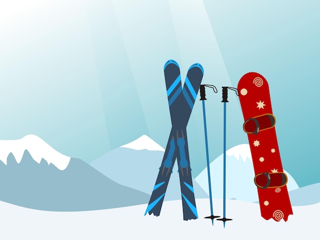 Snowboard and ski in the ski mountain resort vector illustration