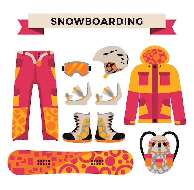 Vettore elementi di abbigliamento e strumenti sportivi per lo snowboard