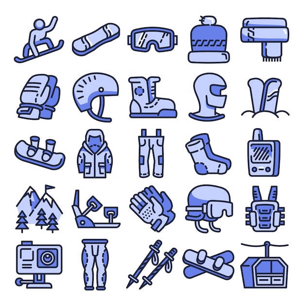 Snowboarden apparatuur icon set, kaderstijl