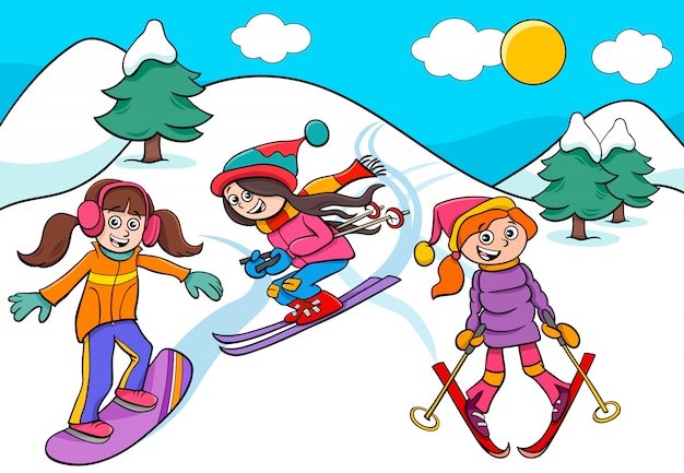 Snowboarden en skiën meisjes cartoon afbeelding