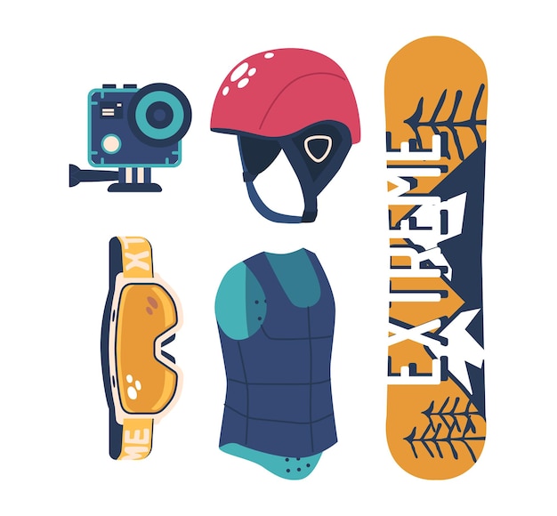 Vettore attrezzatura e attrezzatura per snowboard elementi essenziali per distruggere le piste canottiera per action camera da tavolo equipaggiamento protettivo come casco e occhiali pronti a conquistare la montagna icone vettoriali dei cartoni animati