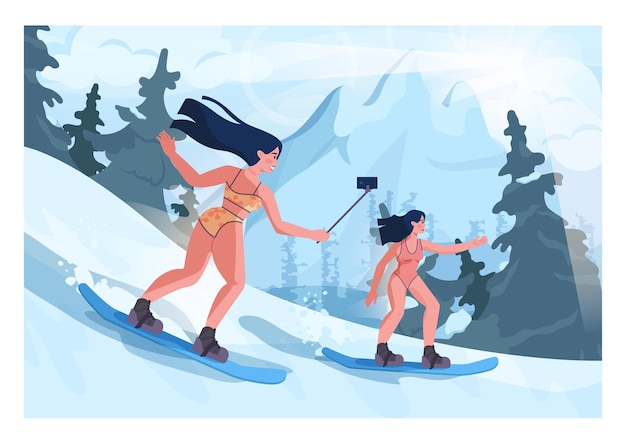 ビキニのスノーボーダーの女の子。丘を下るスノーボードの女性キャラクター。スキーリゾートトラック。女性のスノーボード、冬のエクストリームスポーツ活動。フラットベクトル図