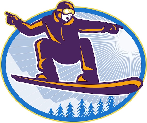 Vector snowboarder holding snowboard retro