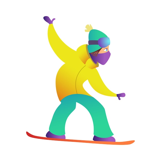Snowboarder houdt zijn evenwicht en rolt op snowboard in heldere skipak, brilhoed en bivakmuts