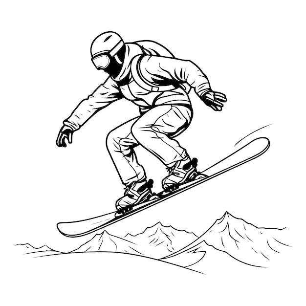 Snowboarder jumping in the mountains Monochrome vector illustration