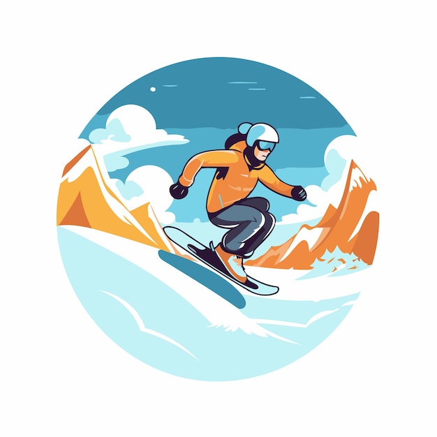 Snowboarder jumping in mountains vector illustration in cartoon style