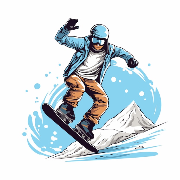 Vettore snowboarder che salta in montagna illustrazione vettoriale in stile cartone animato