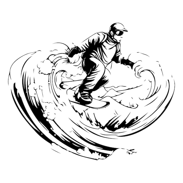 Snowboarder jumping on the wave Vector illustration in retro style