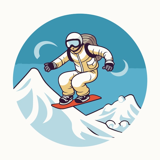 Snowboarder jumping with snowboard vector illustration in retro style