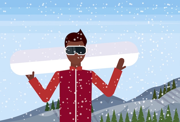 Vector snowboarder man houdt snowboard