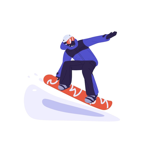 Snowboarder rijden sneeuw board Snowboard rider in beweging Man in helm bril en sportkleding tijdens extreme winter activiteit platte grafische vectorillustratie geïsoleerd op witte achtergrond