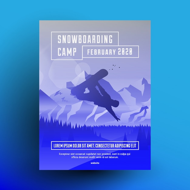 Snowboarding camp flyer or poster design template with snowboard rider dark silhouette on mountains landscape background with blue gradient overlay effect.