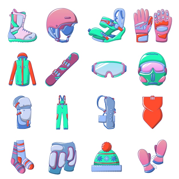 Snowboarding equipment icons set, cartoon style