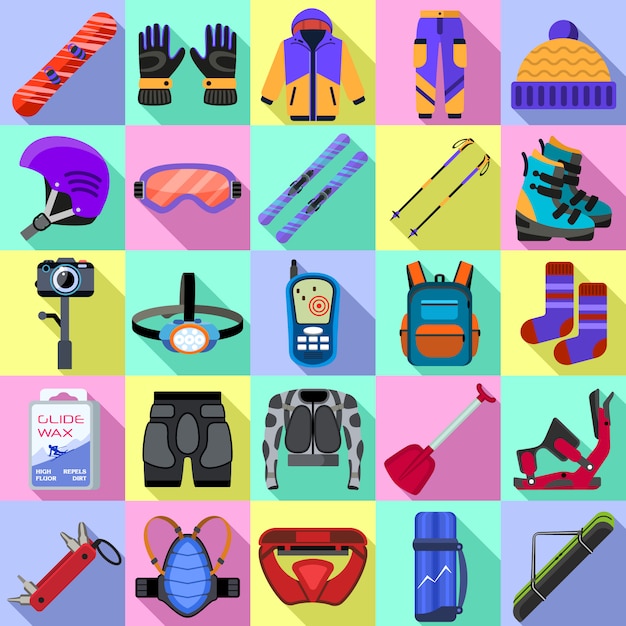 Vector snowboarding equipment icons set. flat set of snowboarding equipment vector