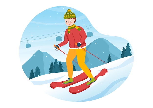 Snowboarding Hand Drawn Cartoon Flat Illustration with Snowboards at Snowy Mountain Sides or Slopes