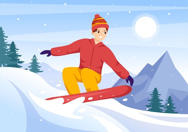 Иллюстрация катания на сноуборде с людьми, скользящими и прыгающими по заснеженной горной стороне или склону внутри