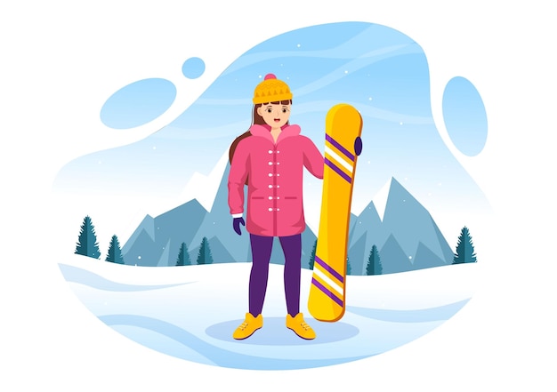 Illustrazione di snowboard con persone che scivolano e saltano sul lato della montagna innevata o sul pendio interno