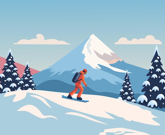 ベクトル スノーボーディング 山の平らな風景デザイン