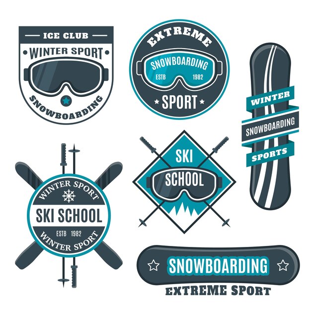 Vector snowboarding ski school logo emblems design elements winter sport shop club logotype templates