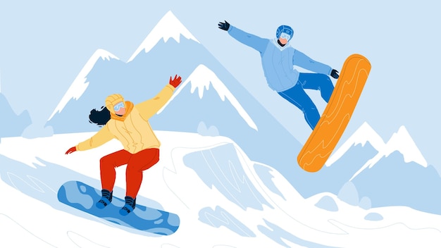 Snowboarding sport people on snowy mountain vector. young man\
and woman snowboarders snowboarding on snow hill together.\
characters couple sportive active time flat cartoon\
illustration