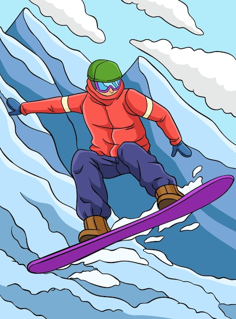 Illustrazione colorata del fumetto di sport di snowboard