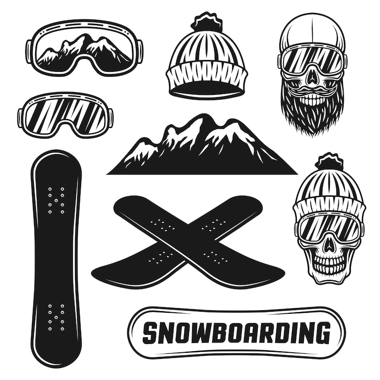 Vector snowboarduitrusting vectorobjecten in vintage stijl geïsoleerd op wit