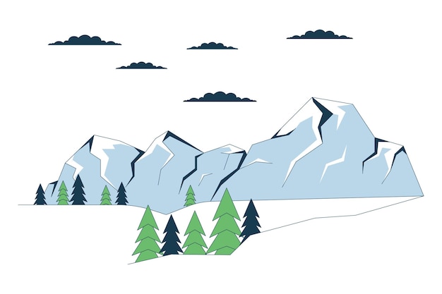 Vector snowcapped mountain surrounded by evergreen line cartoon flat illustration