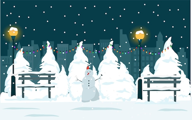 Vector a snowcovered evening city park with illumination colored garlands lanterns a snowman