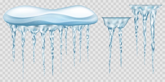 Vector snowdrift with hanging light blue realistic translucent icicles and a few extra for use on light background