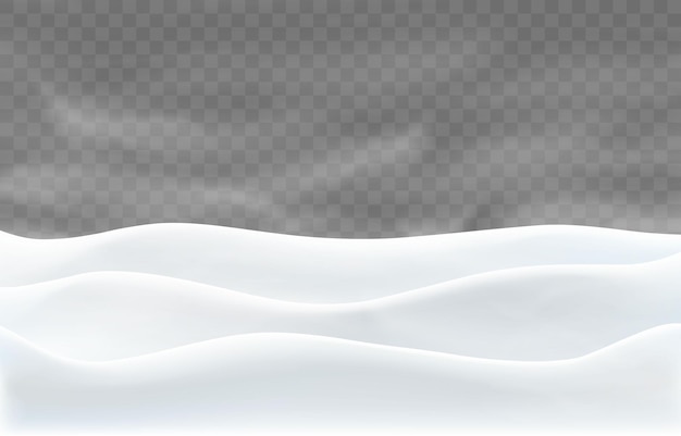 Vector snowdrifts and heavy blizzard over hills, vector snow landscape isolated on png