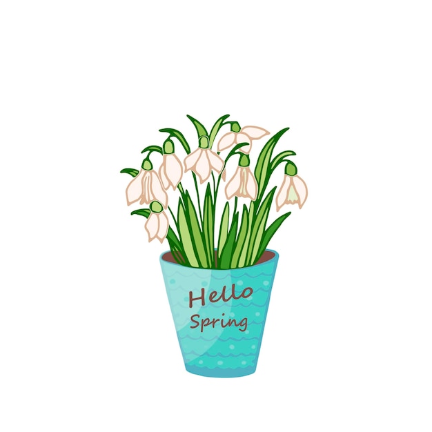 Vector snowdrop flowerpot isolated on white cartoon vector spring home vase flowers plants