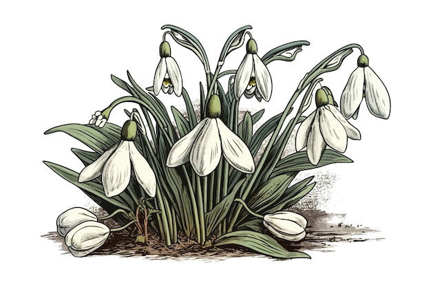 Snowdrops first spring flowers isolated on background Cartoon vector illustration