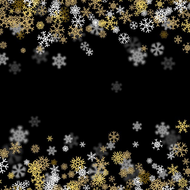 Snowfall background with golden snowflakes blurred in the dark