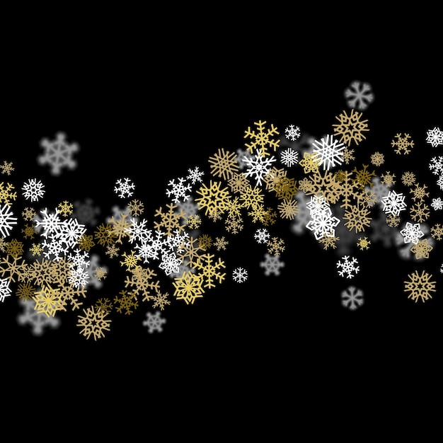 Snowfall background with golden snowflakes blurred in the dark