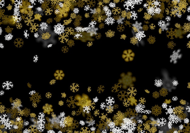 Snowfall background with golden snowflakes blurred in the dark