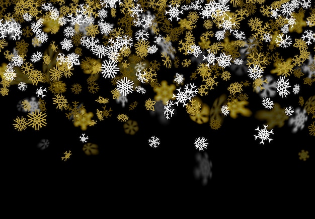 Vector snowfall background with golden snowflakes blurred in the dark