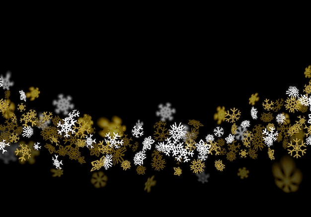 Vector snowfall background with golden snowflakes blurred in the dark