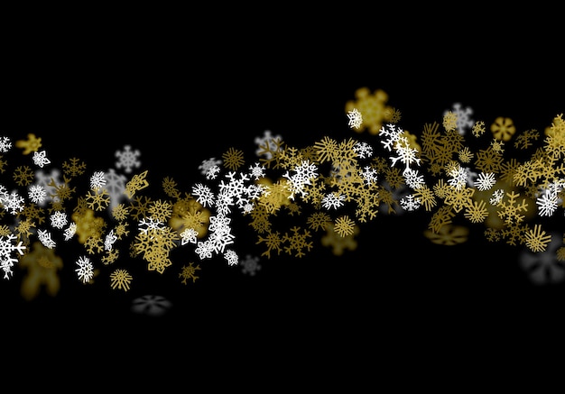 Vector snowfall background with golden snowflakes blurred in perspective