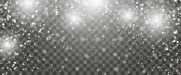 Snowfall and falling snowflakes on transparent background. White snowflakes and Christmas snow. Vector illustration