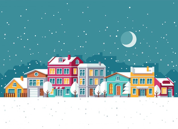 小さな家と冬の町での降雪漫画ベクトルイラスト。クリスマス休暇の概念