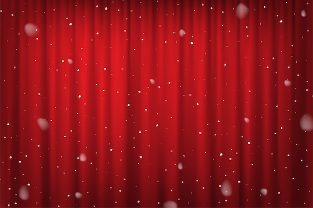 Snowfall on red curtain background, cinema, theater or circus winter poster template.