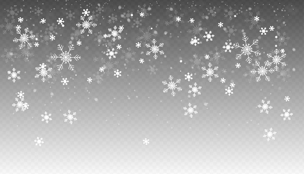 Vector snowfall, seamless realistic falling snow, snowflakes in different shapes and forms, winter weather.